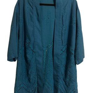 Soft Surroundings Blue Embroidered Open Front Duster Cardigan Blue Teal - Size S